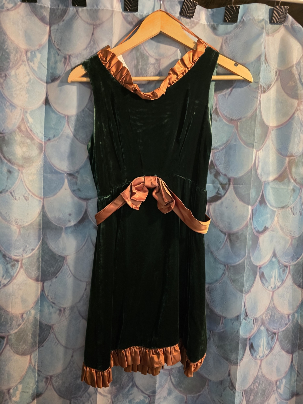 60s Green Velvet Dress with Copper Ruffle Trim